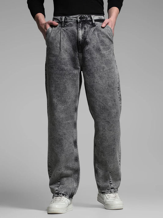 Comfortable Dark Grey Washed Jeans with High-Rise Waist and Anti-Fit Silhouette for Men