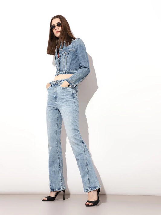 Casual Light Blue High Rise Flared Denim Jeans for Women Ideal for Daily Wear and Travel