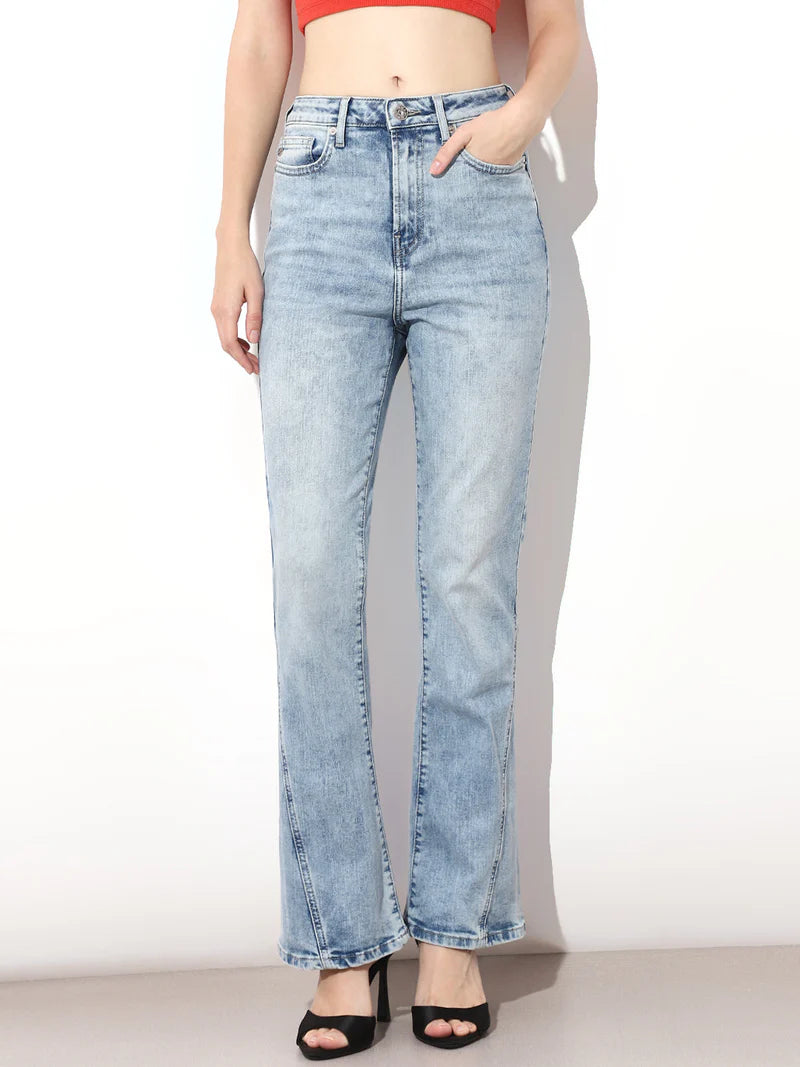 Casual Light Blue High Rise Flared Denim Jeans for Women Ideal for Daily Wear and Travel