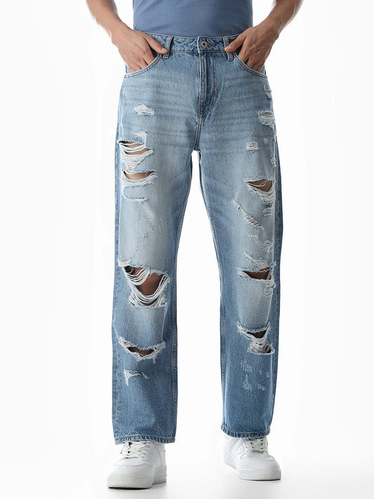 Men’s Relaxed-Fit Denim Jeans in Light Blue with Heavy Distressing and Loose-Fit Design