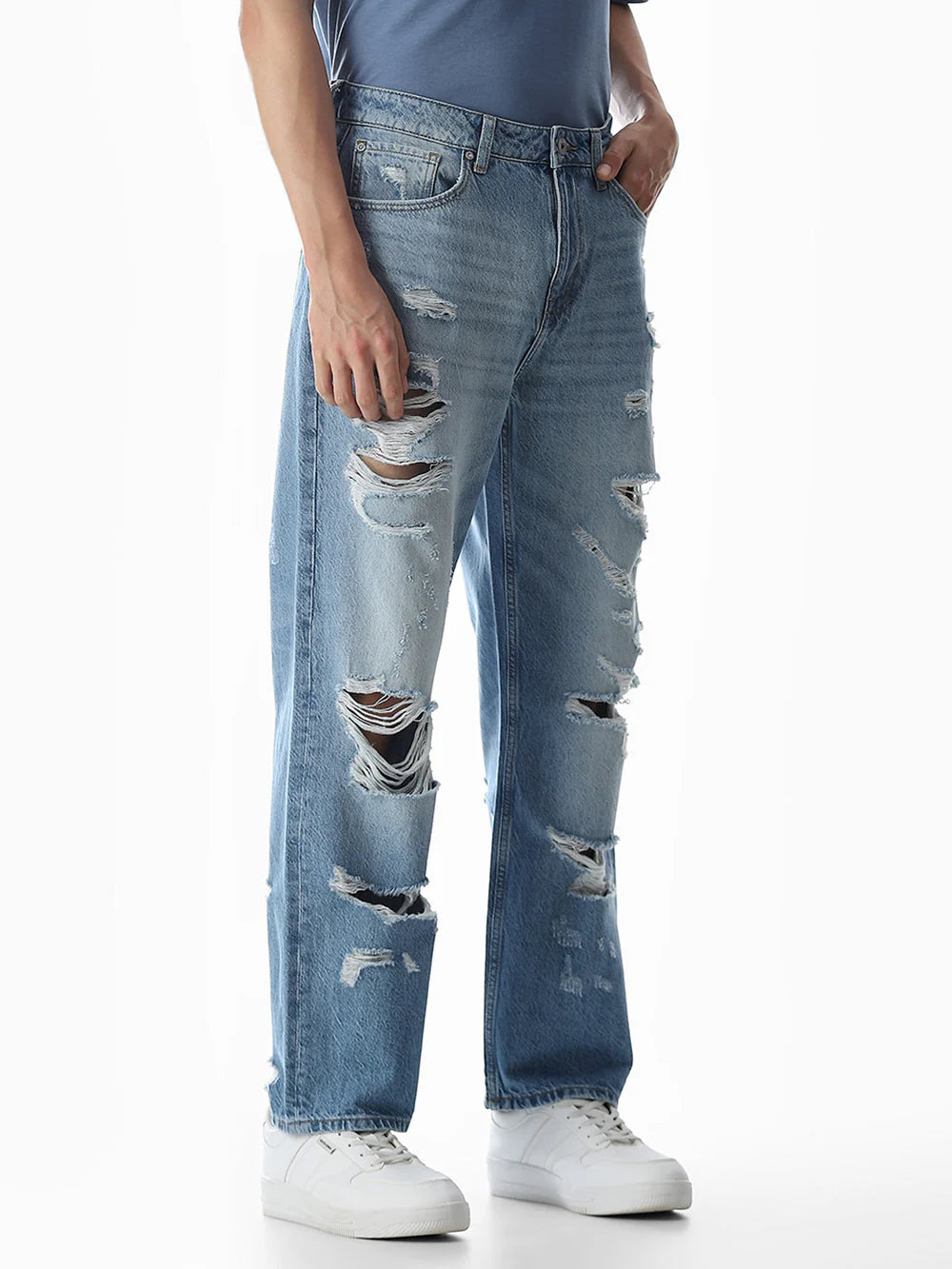 Men’s Relaxed-Fit Denim Jeans in Light Blue with Heavy Distressing and Loose-Fit Design