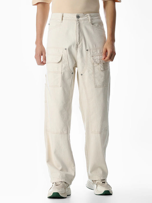 Fashionable Loose-Fit Ecru Denim Jeans for Men with High-Rise Design and Classic Look