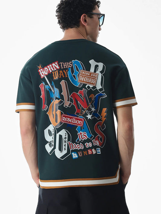 Trendy Men’s Varsity Green Drop Shoulder T-Shirt for Everyday Wear