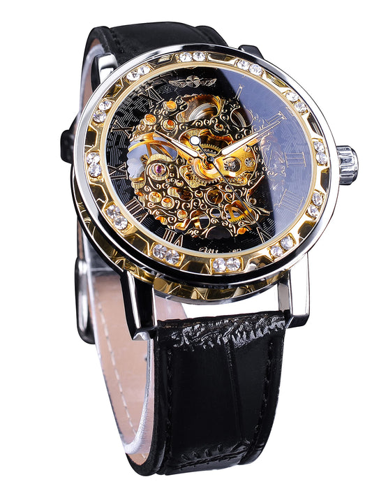 Elegant Men’s Manual Mechanical Skeleton Watch Classic Roman Number Diamond Accent Wristwatch