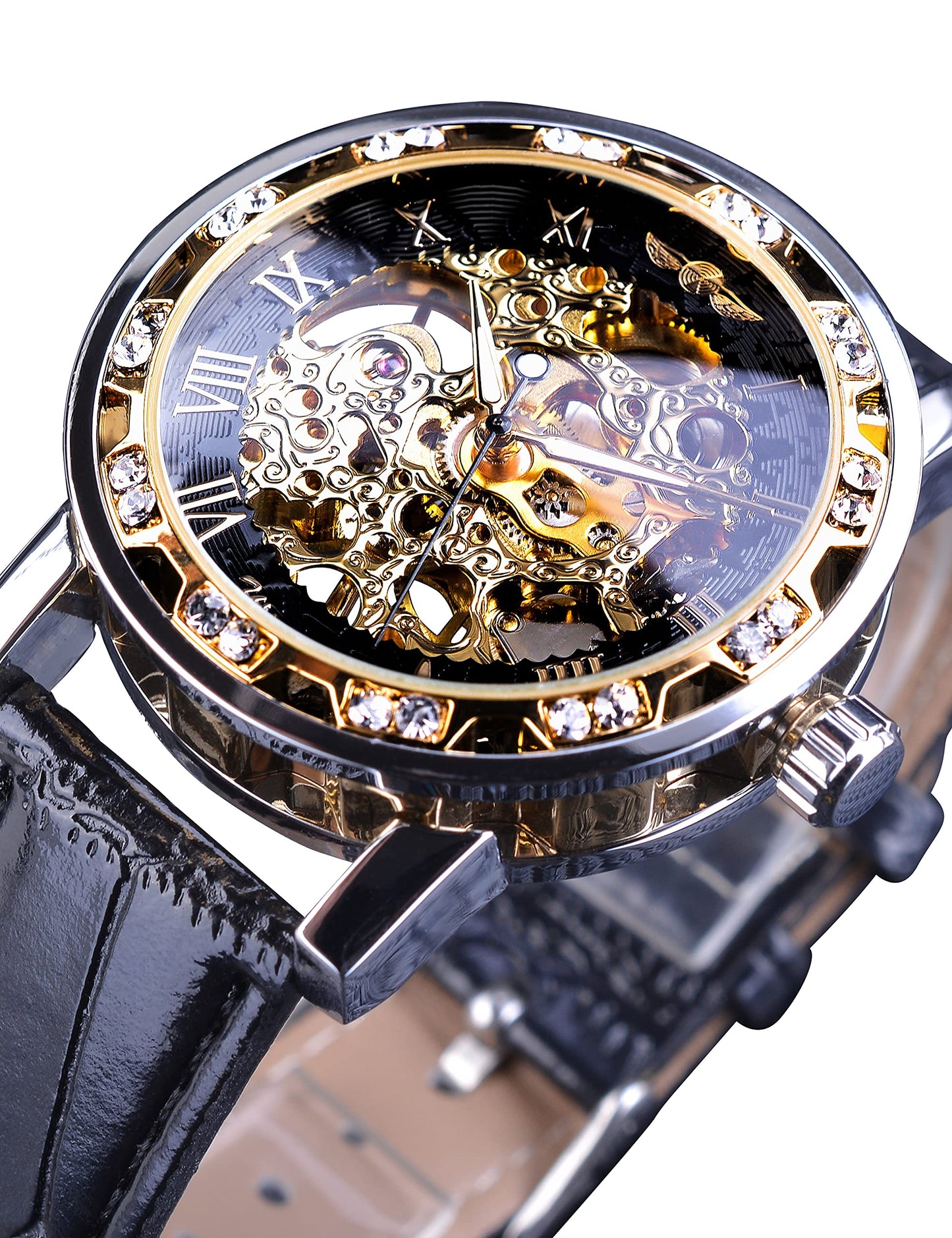 Elegant Men’s Manual Mechanical Skeleton Watch Classic Roman Number Diamond Accent Wristwatch