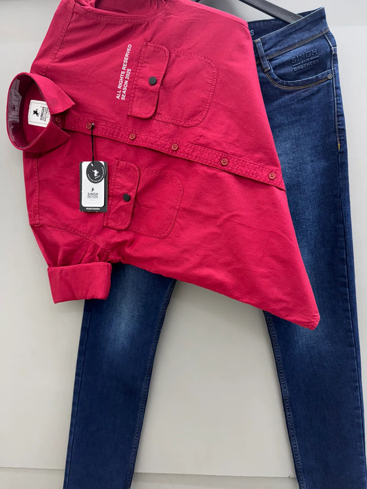 Classic Double Pocket Shirt with Jeans Pant Ensemble for Men’s Modern Casual Wardrobe