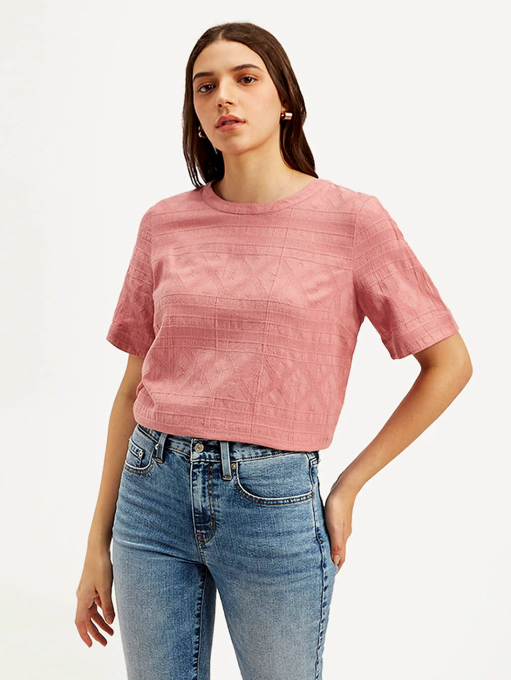 Comfortable Women’s Textured Round Neck Pink Top