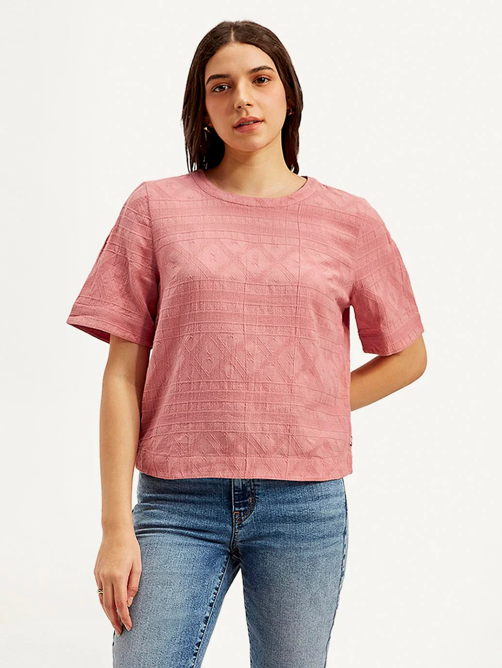 Comfortable Women’s Textured Round Neck Pink Top