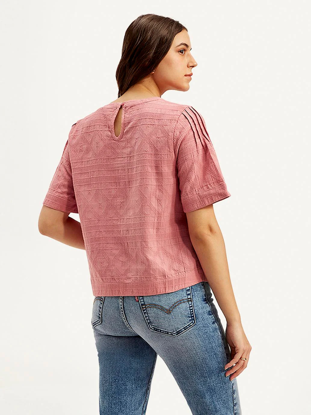 Comfortable Women’s Textured Round Neck Pink Top
