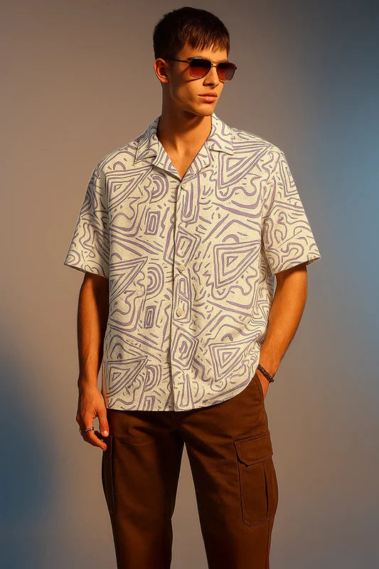 Relaxed Fit Oversized Camp Collar Shirt White Lilac Print