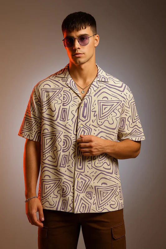 Relaxed Fit Oversized Camp Collar Shirt White Lilac Print