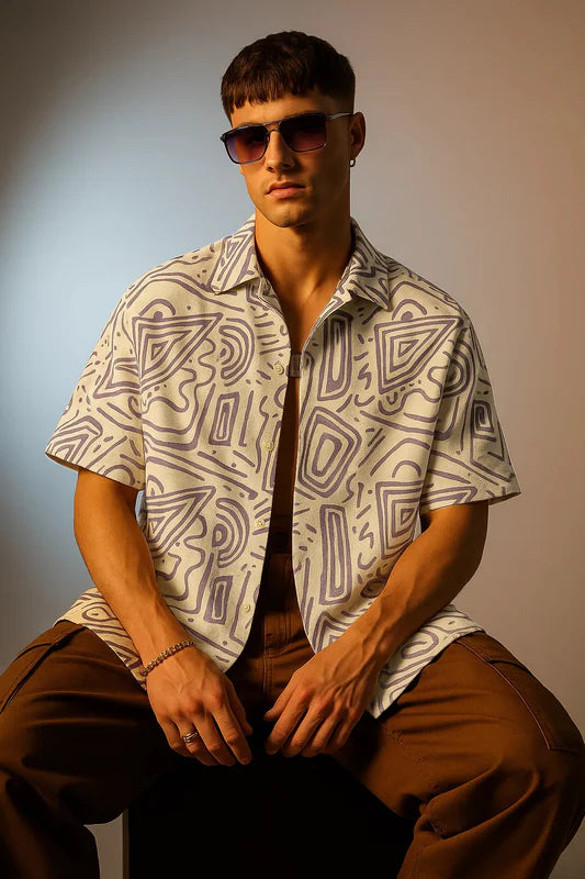 Relaxed Fit Oversized Camp Collar Shirt White Lilac Print