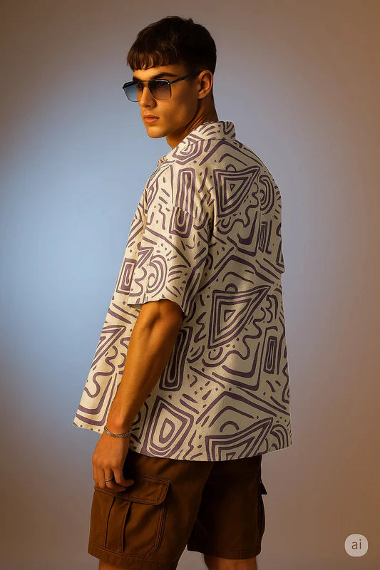 Relaxed Fit Oversized Camp Collar Shirt White Lilac Print