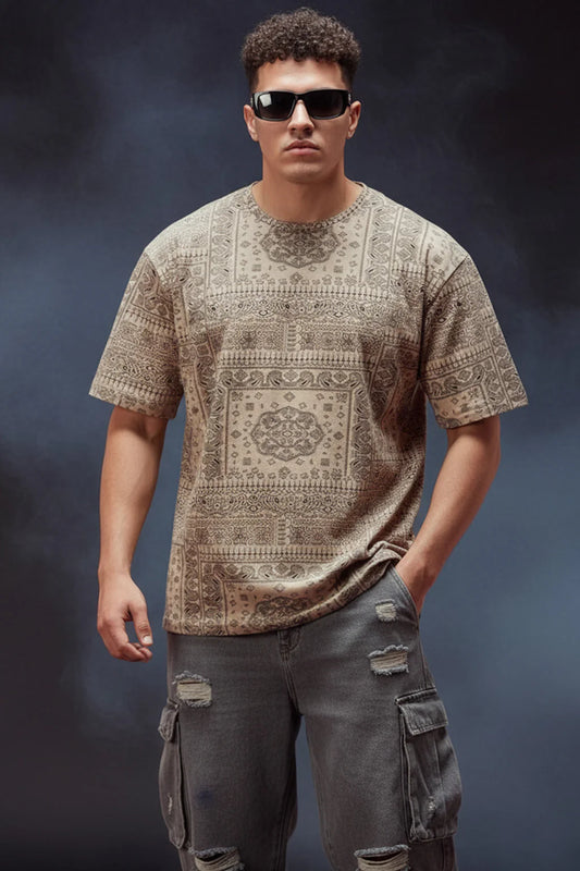 Paisley Beige Casual Oversized T-Shirt Comfortable Wear