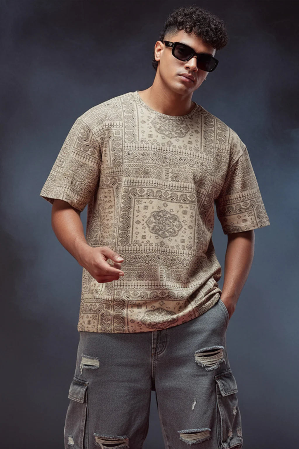 Paisley Beige Casual Oversized T-Shirt Comfortable Wear