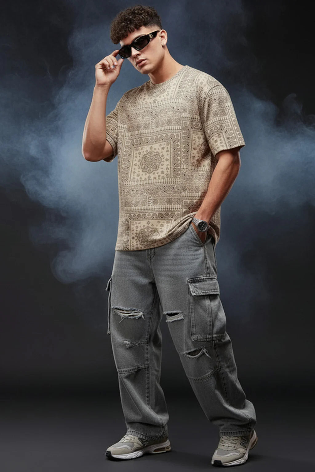 Paisley Beige Casual Oversized T-Shirt Comfortable Wear