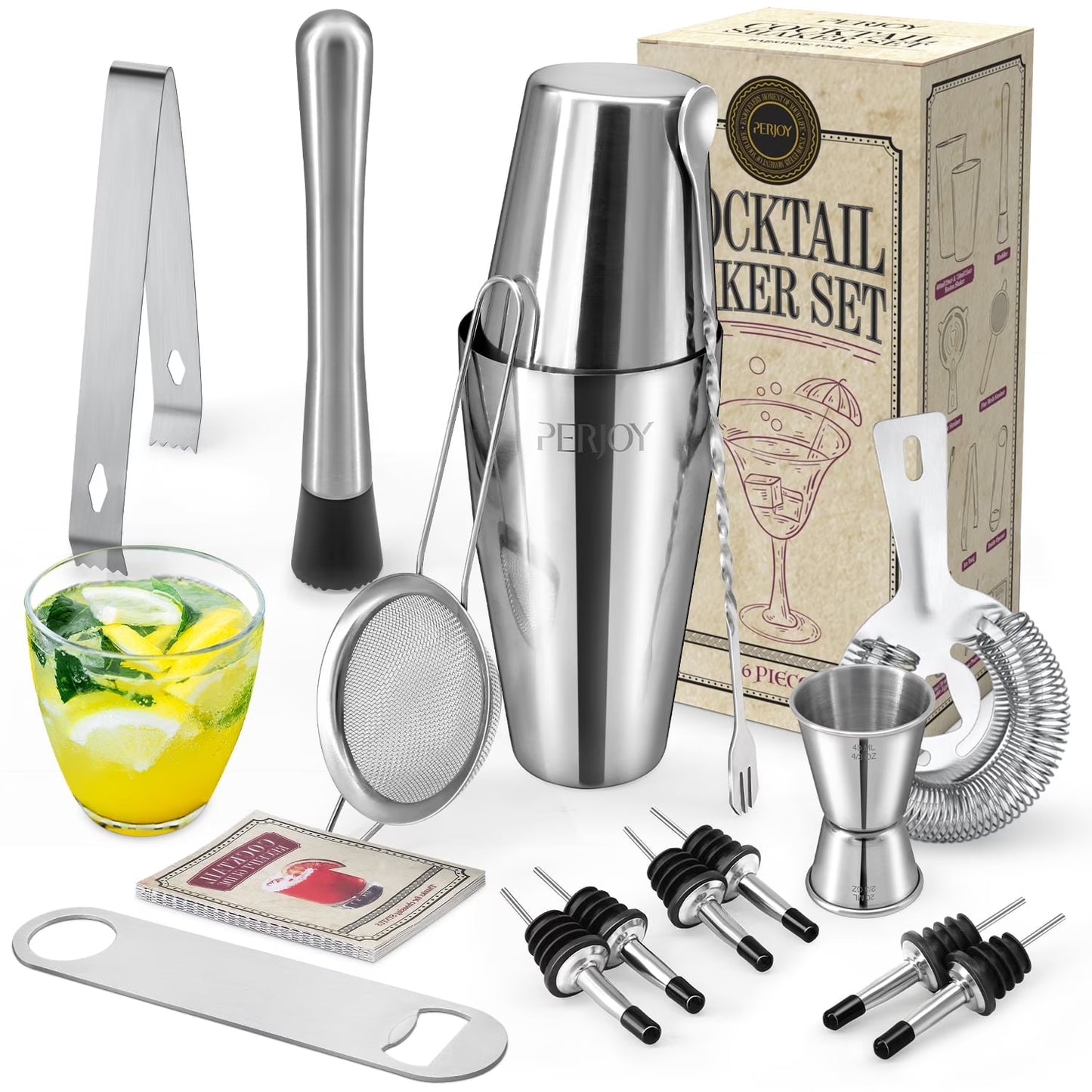 16 Piece Cocktail Shaker Set Full Bar Tools for Home and Parties