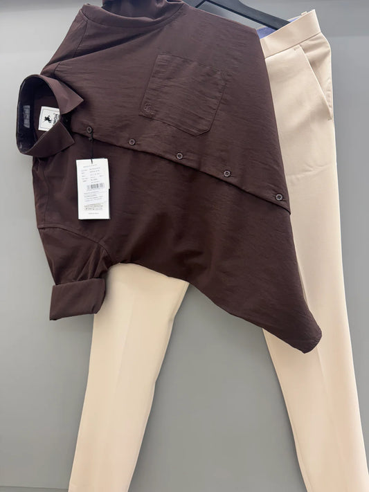 Elegant Men’s Brown Nylon Shirt and Cream Trouser Pant Perfect for Formal and Casual Wear