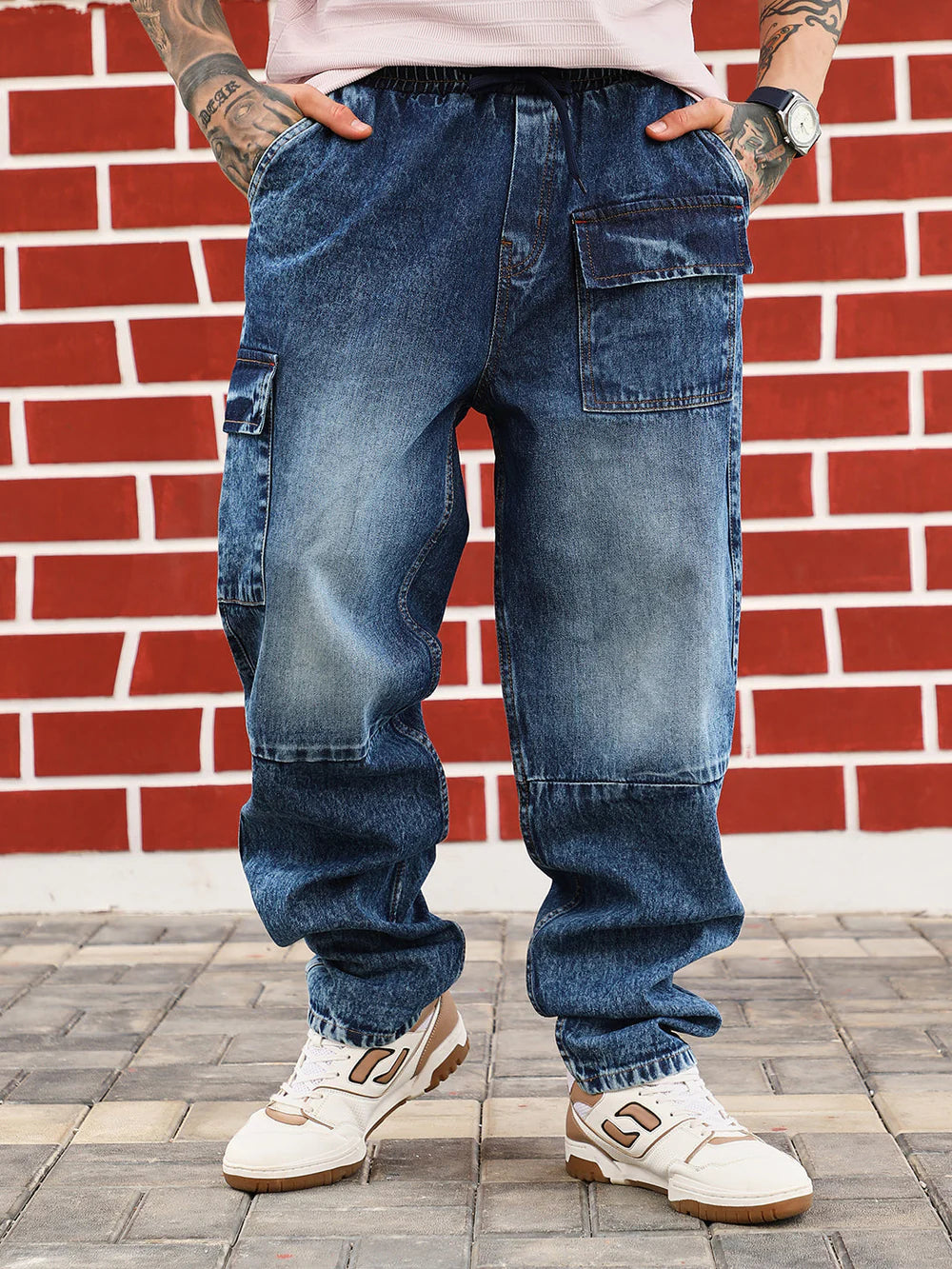 Men’s Relaxed-Fit Modular-Utility Denim Jeans with Durable Fabric and Panel Detailing