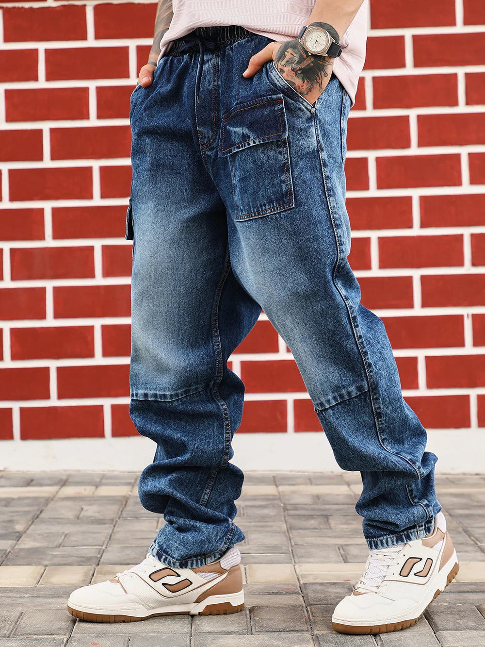 Men’s Relaxed-Fit Modular-Utility Denim Jeans with Durable Fabric and Panel Detailing