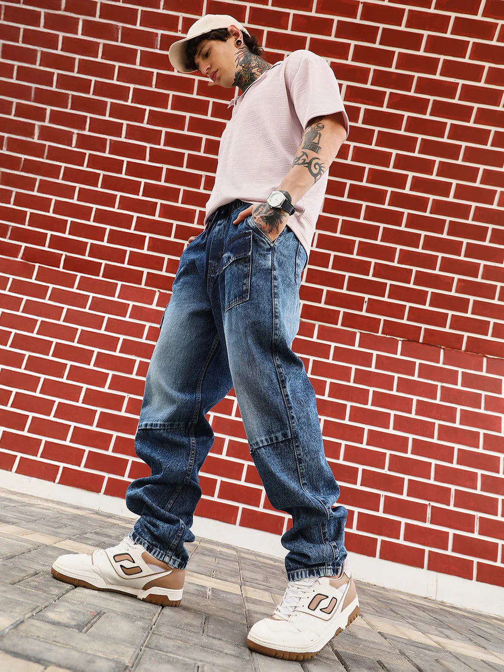 Men’s Relaxed-Fit Modular-Utility Denim Jeans with Durable Fabric and Panel Detailing