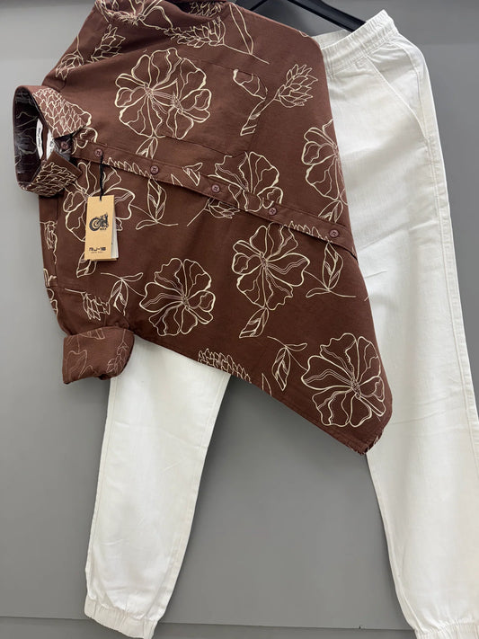 Trendy Linen Printed Shirt with Linen Pants for Men’s Summer and Casual Street Style