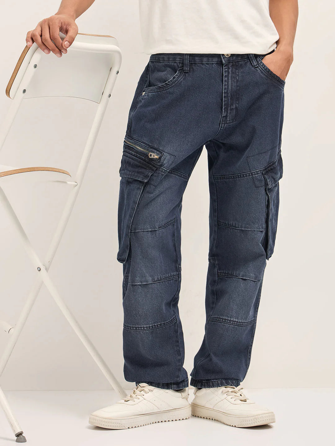 Timeless Mid Blue Faded Straight Fit Cargo Denim with Utility Pockets for Casual and Streetwear Outfits