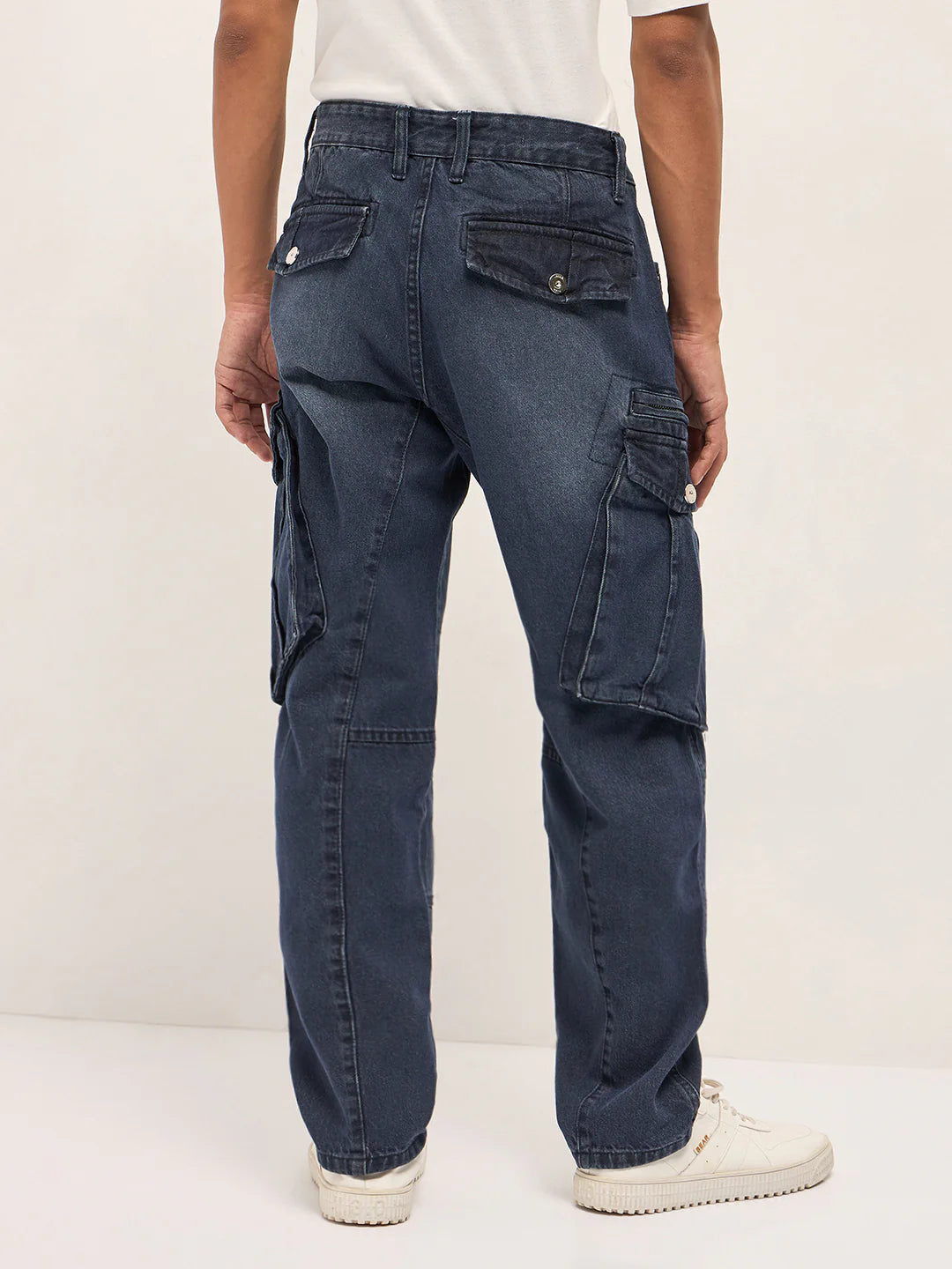 Timeless Mid Blue Faded Straight Fit Cargo Denim with Utility Pockets for Casual and Streetwear Outfits