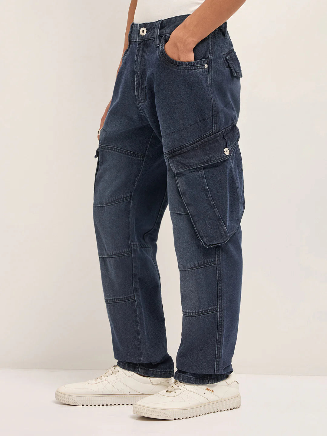 Timeless Mid Blue Faded Straight Fit Cargo Denim with Utility Pockets for Casual and Streetwear Outfits