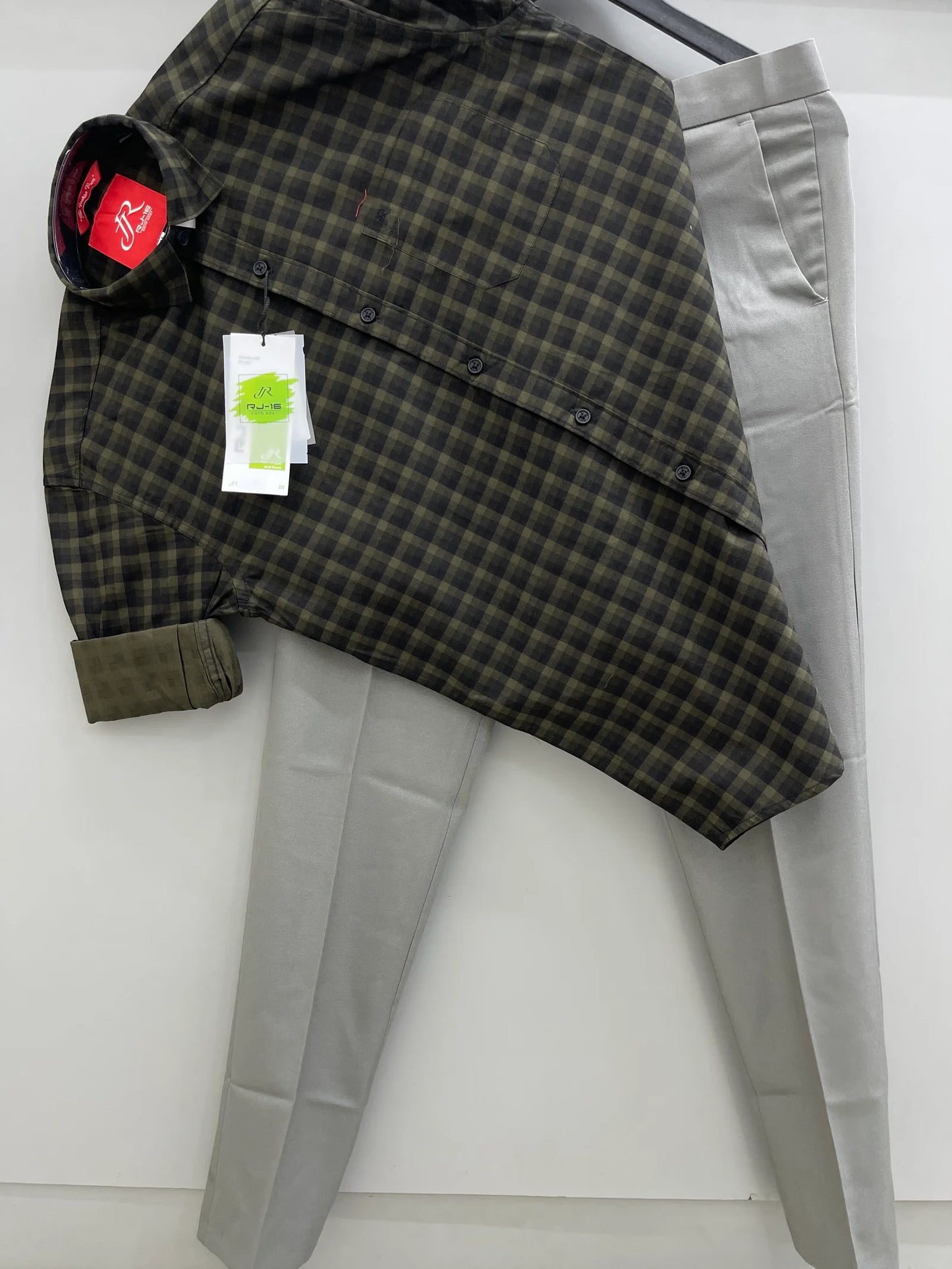 Men’s Green Dot Check Shirt Paired with Trouser Pants for Stylish Office and Formal Wear