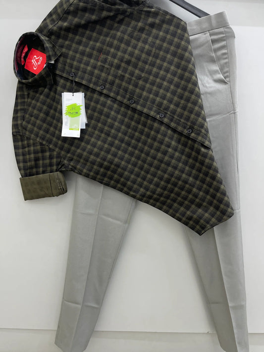 Men’s Green Dot Check Shirt Paired with Trouser Pants for Stylish Office and Formal Wear