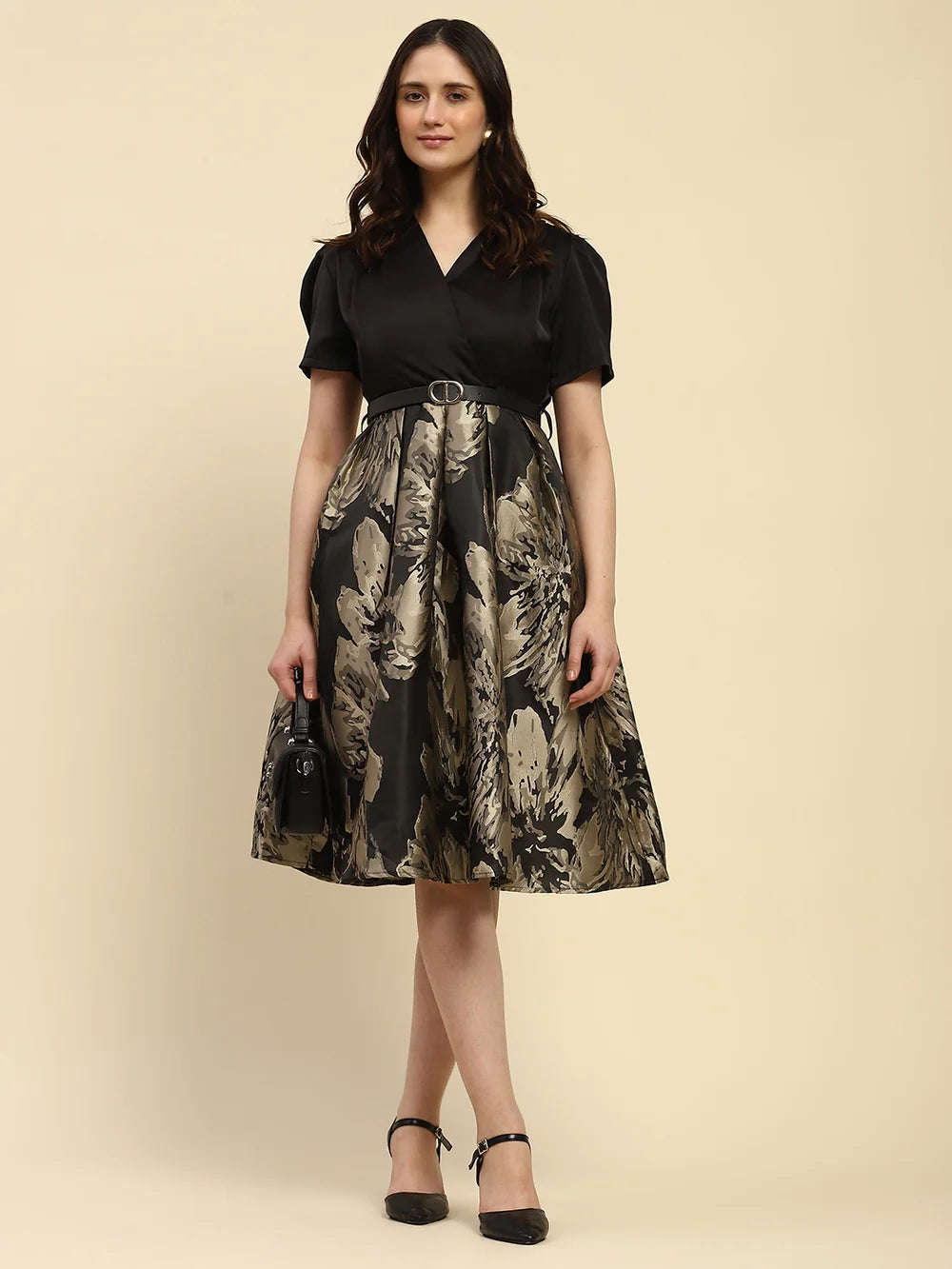 Modern Black Satin Fit and Flared Dress for Women with Stylish Silhouette