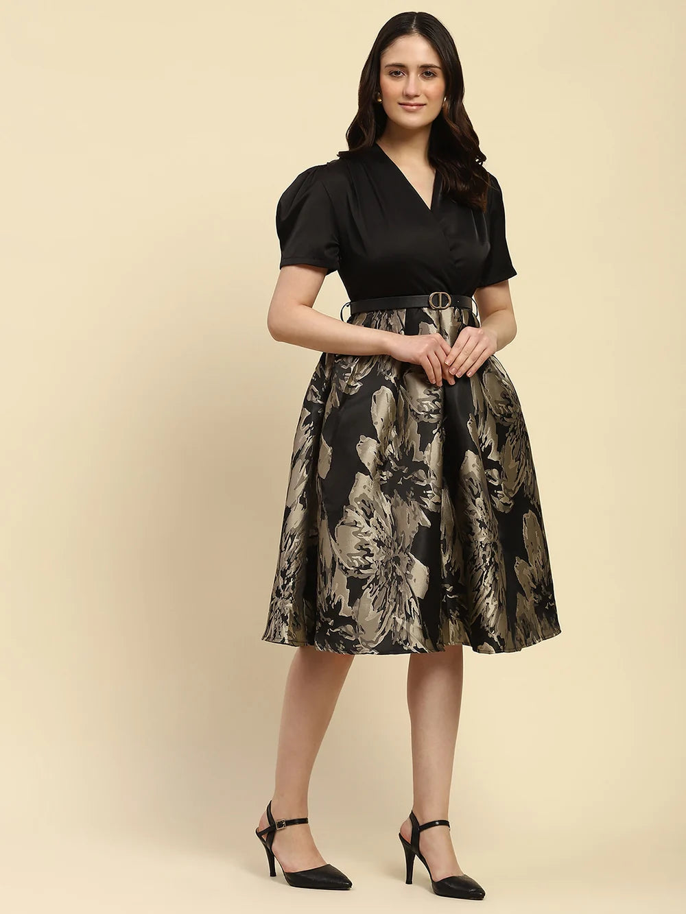 Modern Black Satin Fit and Flared Dress for Women with Stylish Silhouette
