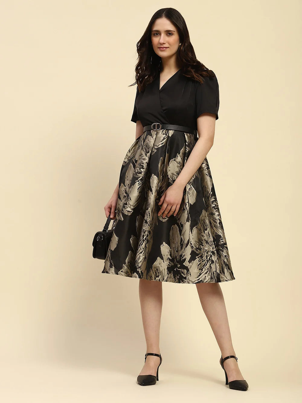 Modern Black Satin Fit and Flared Dress for Women with Stylish Silhouette