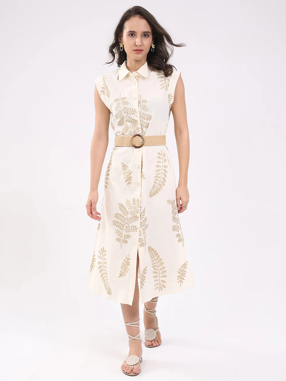 Classy Beige Embroidered Shirt Dress for Women’s Everyday and Office Wear