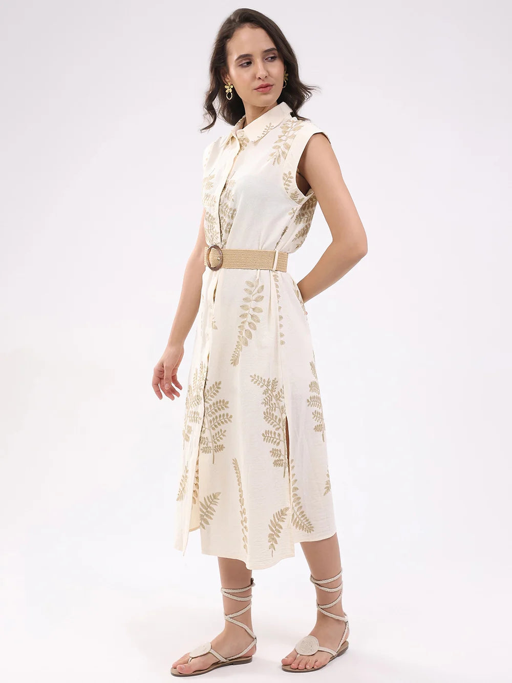 Classy Beige Embroidered Shirt Dress for Women’s Everyday and Office Wear