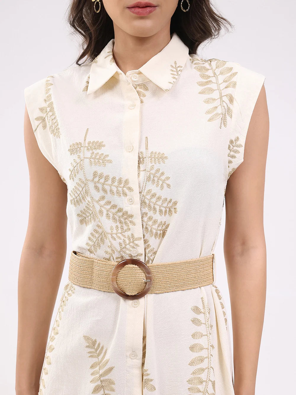 Classy Beige Embroidered Shirt Dress for Women’s Everyday and Office Wear