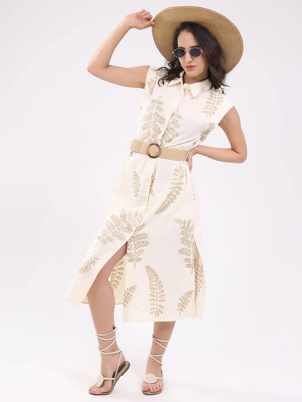 Classy Beige Embroidered Shirt Dress for Women’s Everyday and Office Wear
