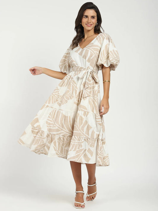 Fashionable Beige Dress with Puff Sleeves and Flared Fit for Everyday and Evening Looks