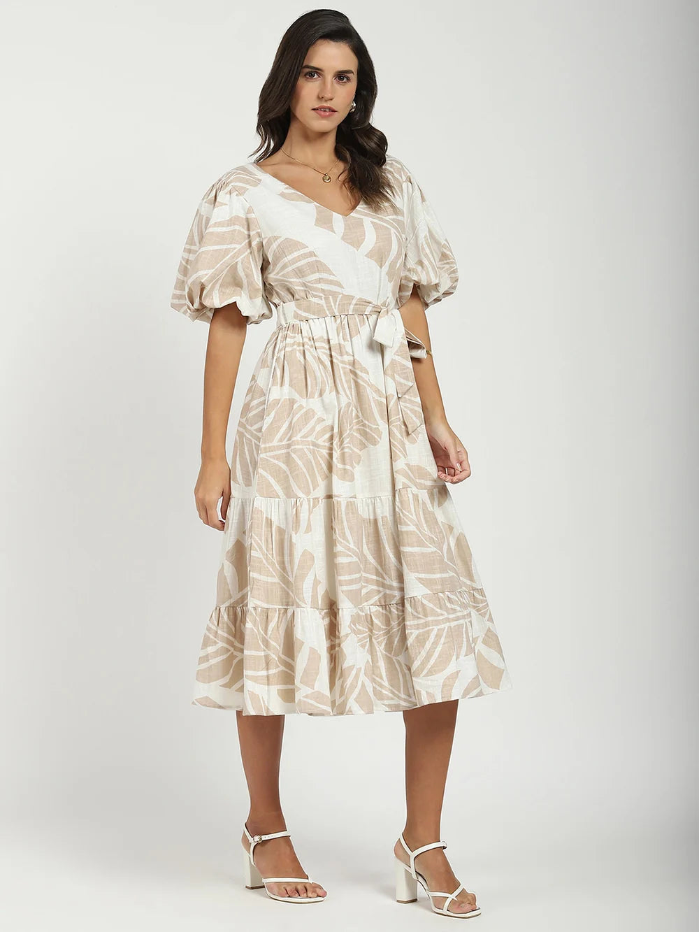 Fashionable Beige Dress with Puff Sleeves and Flared Fit for Everyday and Evening Looks