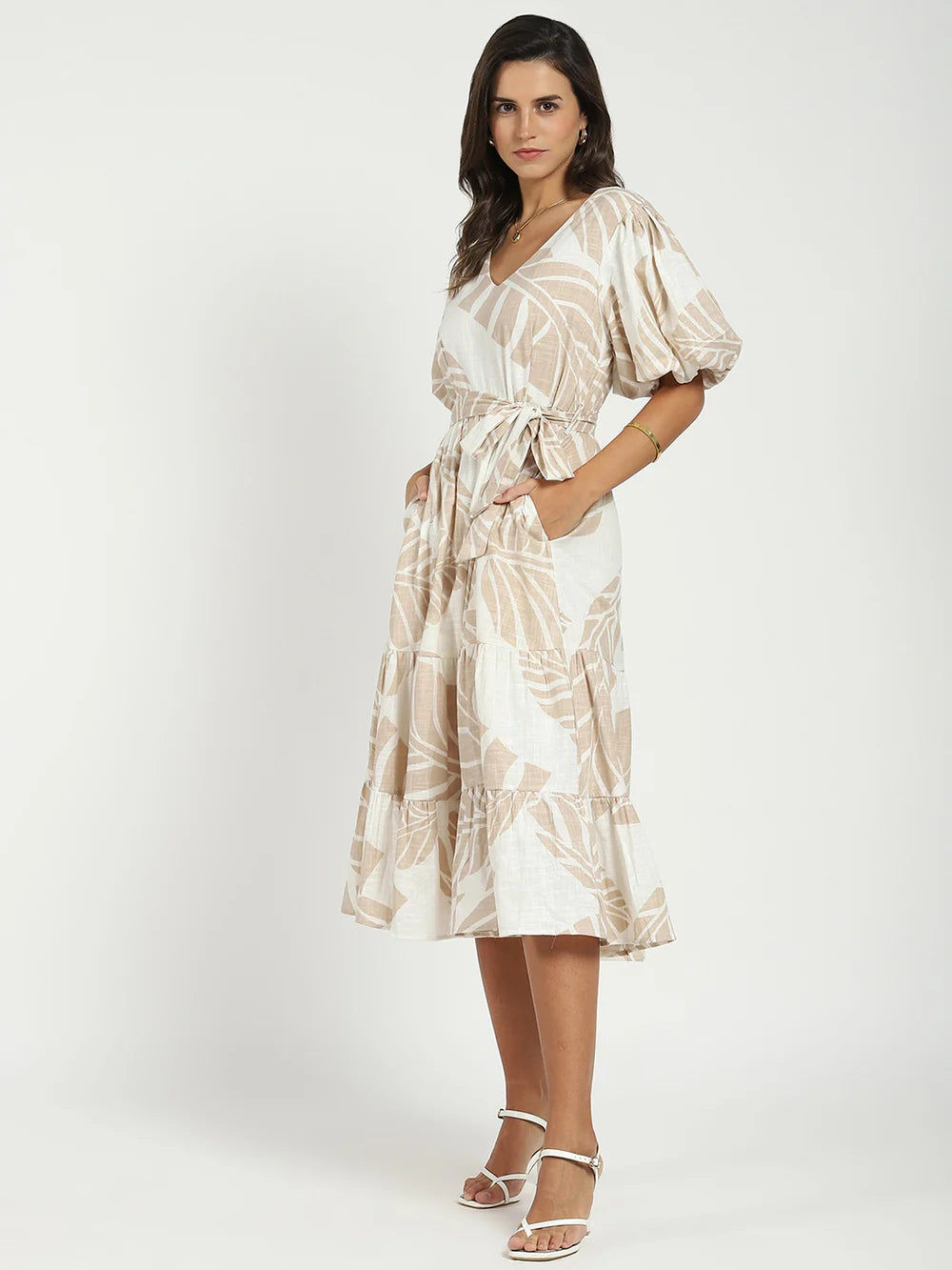 Fashionable Beige Dress with Puff Sleeves and Flared Fit for Everyday and Evening Looks