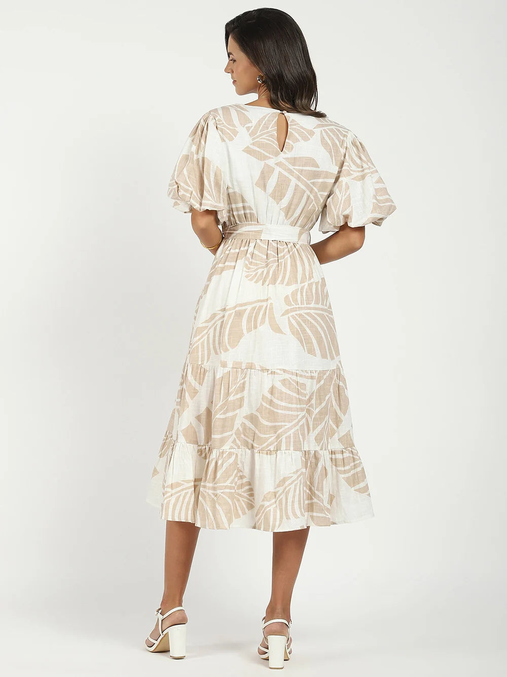 Fashionable Beige Dress with Puff Sleeves and Flared Fit for Everyday and Evening Looks
