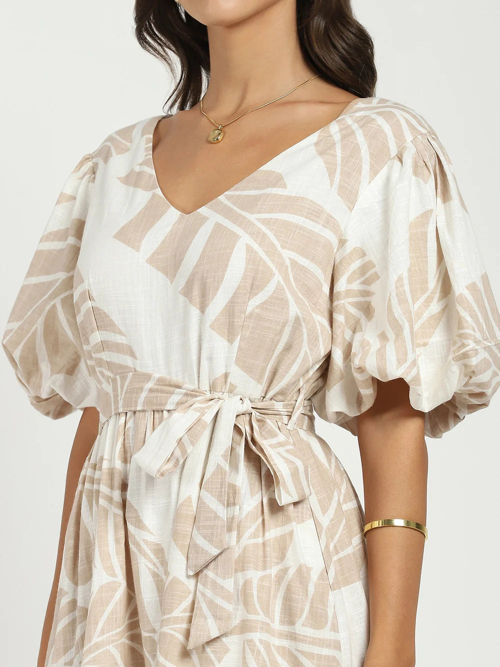 Fashionable Beige Dress with Puff Sleeves and Flared Fit for Everyday and Evening Looks