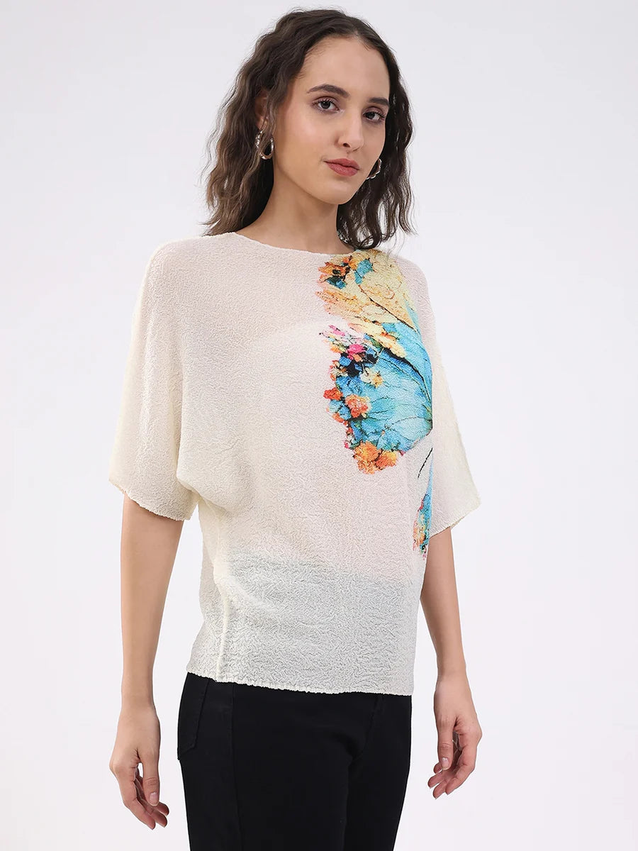 Summer Women’s Beige Butterfly Print Stretchable Top Comfortable Loose Fit Stylish Everyday Outfit