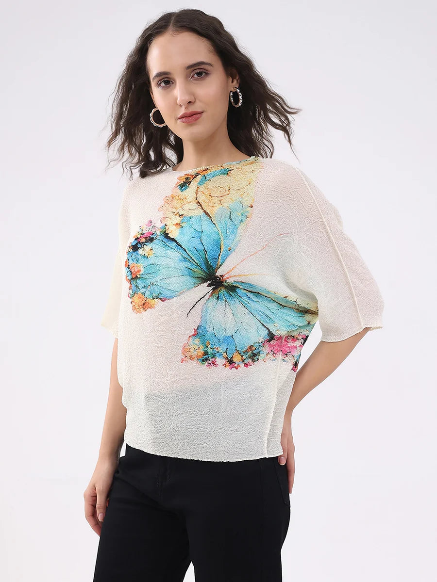 Summer Women’s Beige Butterfly Print Stretchable Top Comfortable Loose Fit Stylish Everyday Outfit