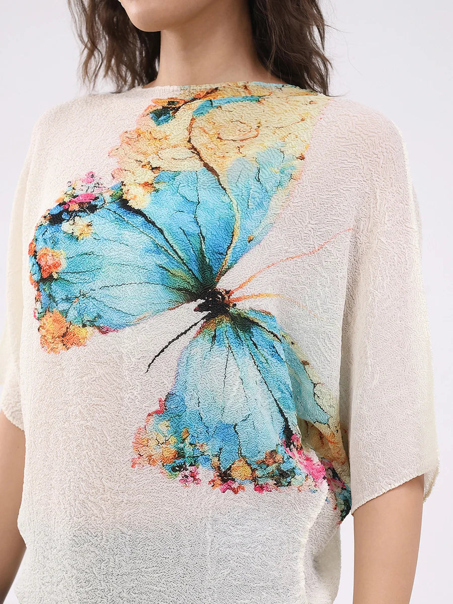 Summer Women’s Beige Butterfly Print Stretchable Top Comfortable Loose Fit Stylish Everyday Outfit
