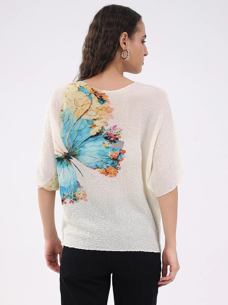 Summer Women’s Beige Butterfly Print Stretchable Top Comfortable Loose Fit Stylish Everyday Outfit