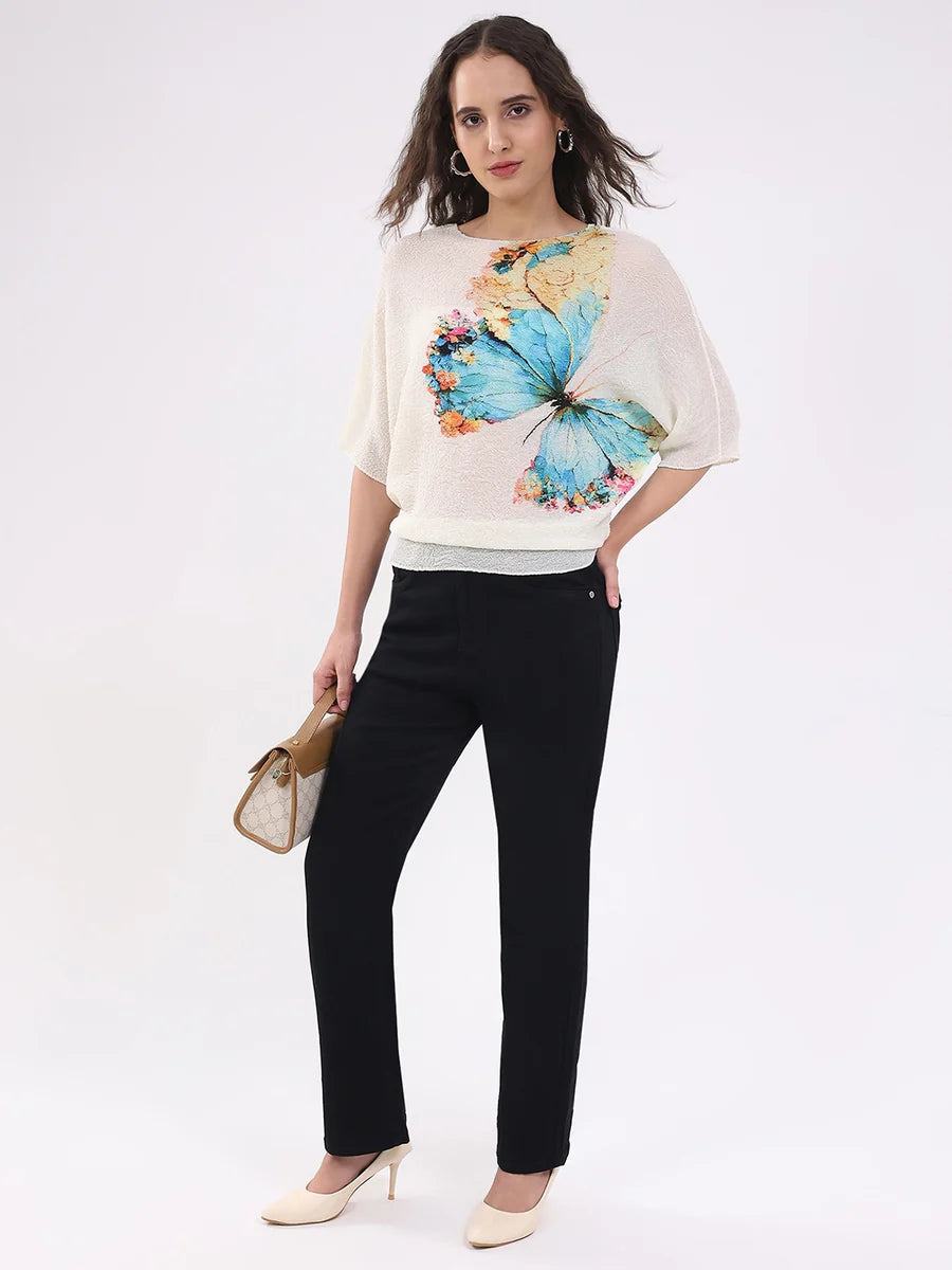 Summer Women’s Beige Butterfly Print Stretchable Top Comfortable Loose Fit Stylish Everyday Outfit