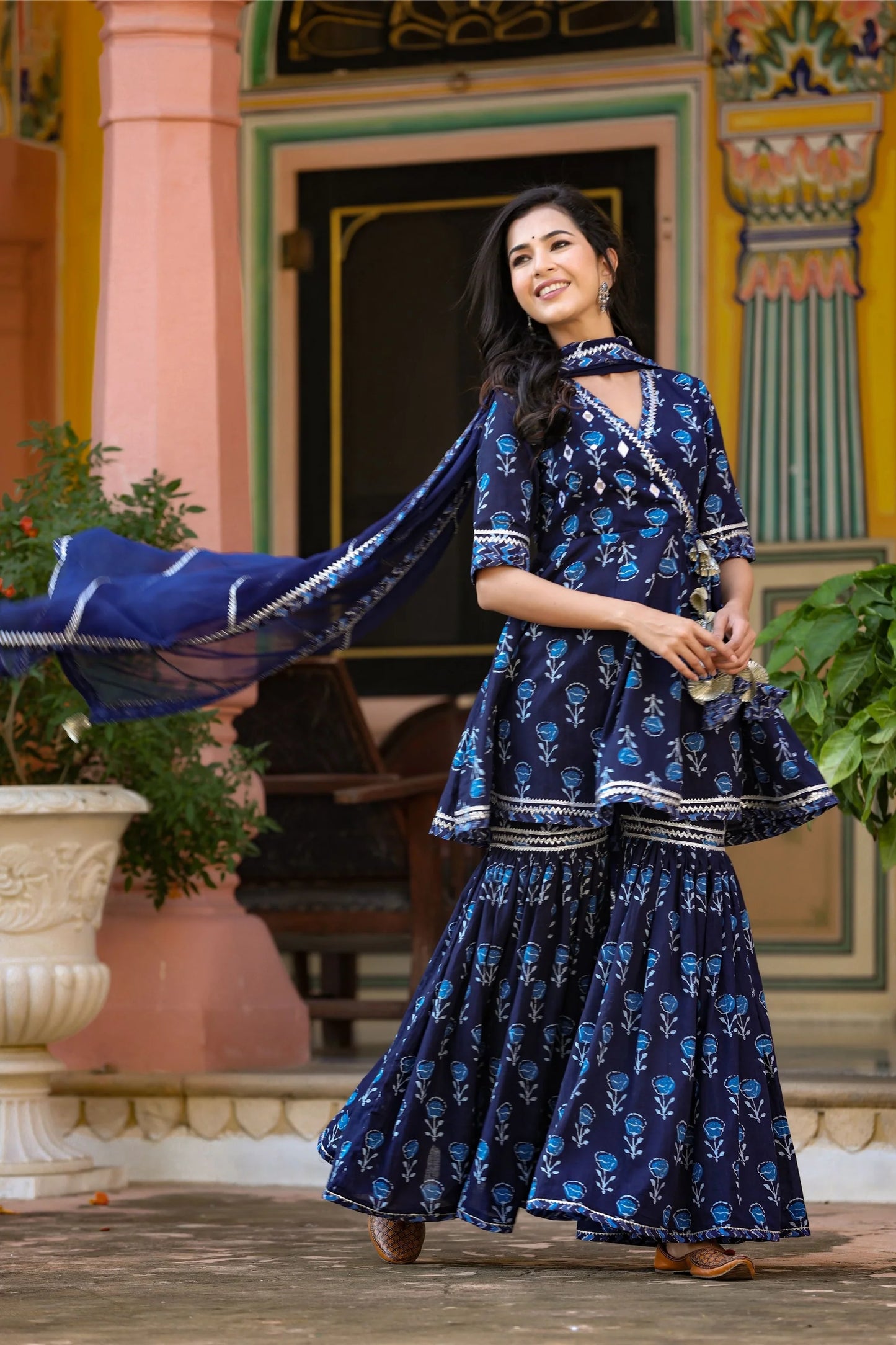 Graceful Women’s Indigo Handblock Sharara Set with Dupatta Ideal for Ethnic Fashion