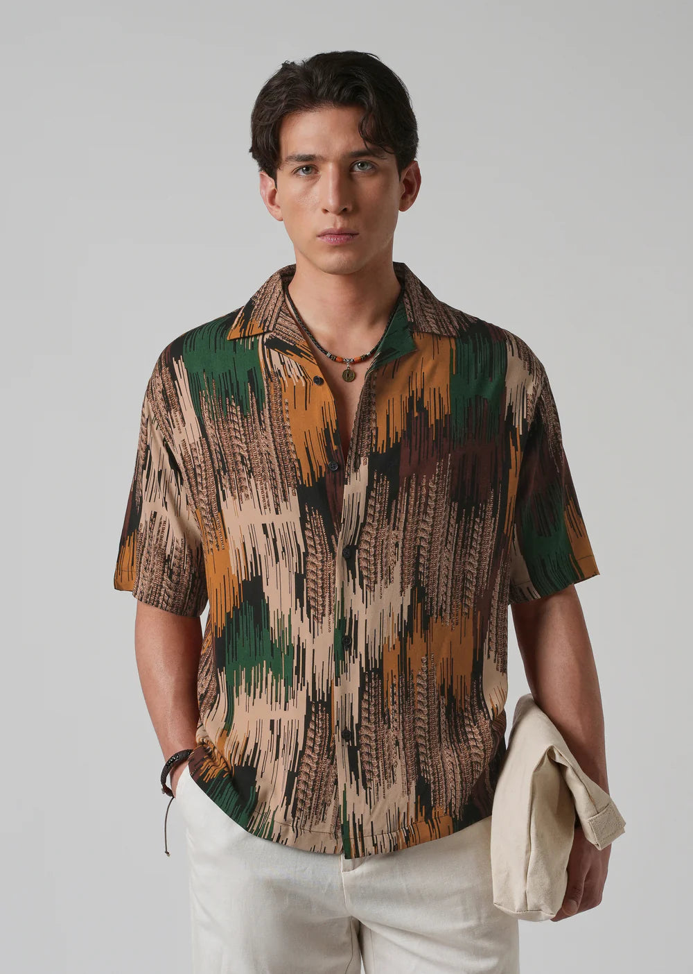 Green Abstract Brushstroke Oversized Shirt for Men Feather Design